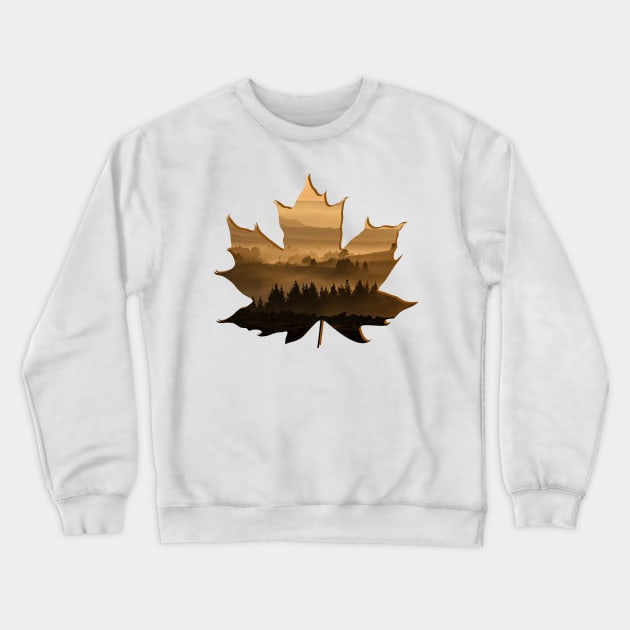 Maple Leaf Silhouette Lanscape Foggy Forest Crewneck Sweatshirt by Fersan